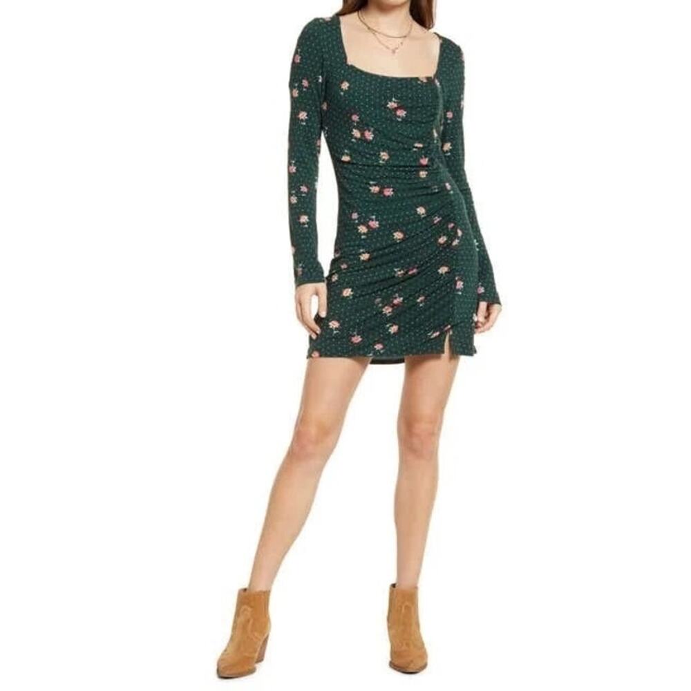 FREE PEOPLE Celia Dress NEW$108 Green Floral Square Neck Ruched LS Size S
